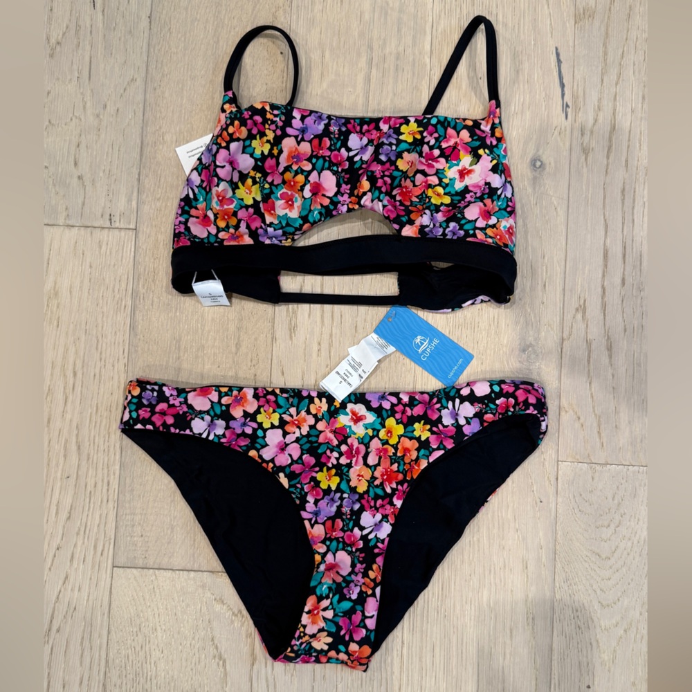 Black and Super Bloom Reversible Cutout Bikini Top & Standard Bottoms Set